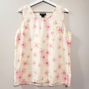 Magaschoni - 100% Linen Floral Sleeveless Top in Pink and Cream - Size L